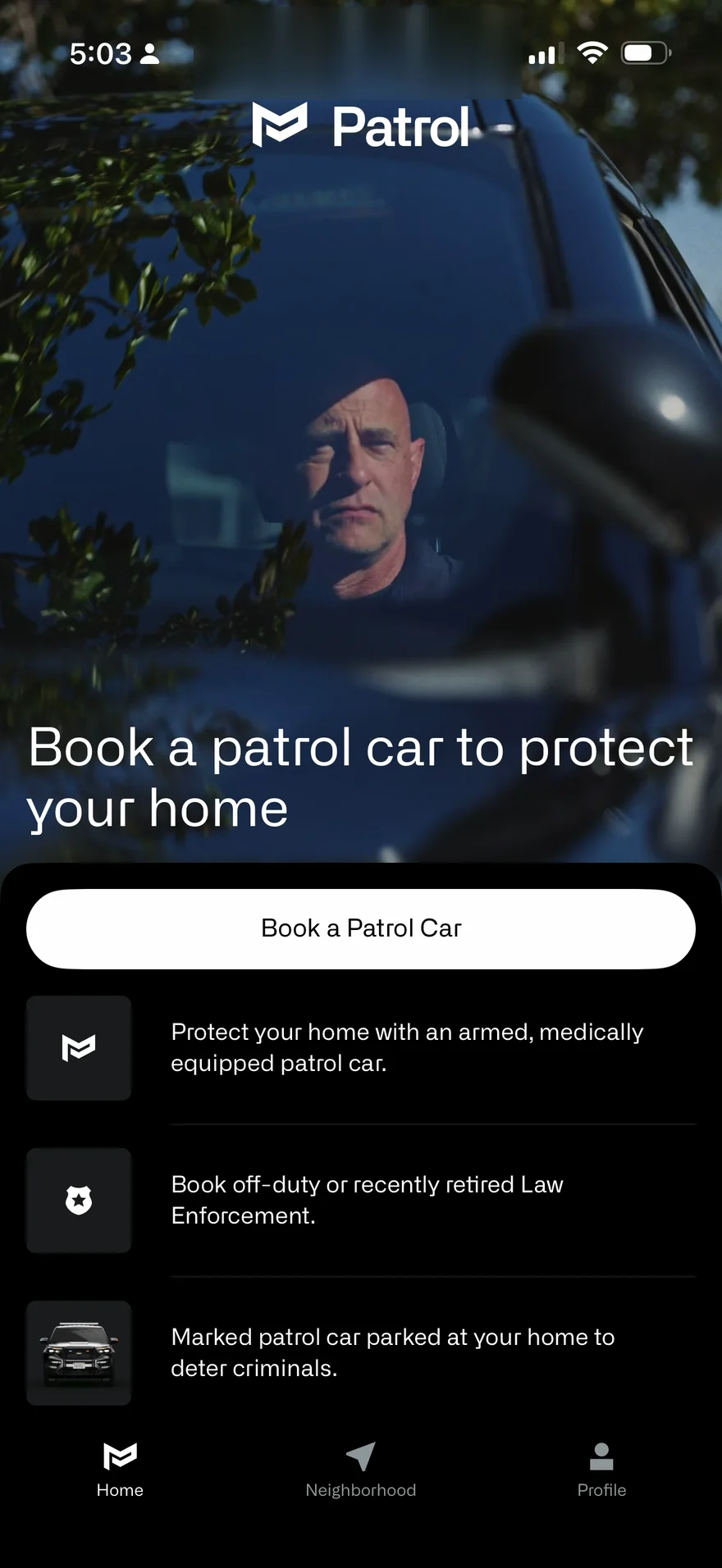 Booking a patrol car in Brentwood, from the home screen to the phone number