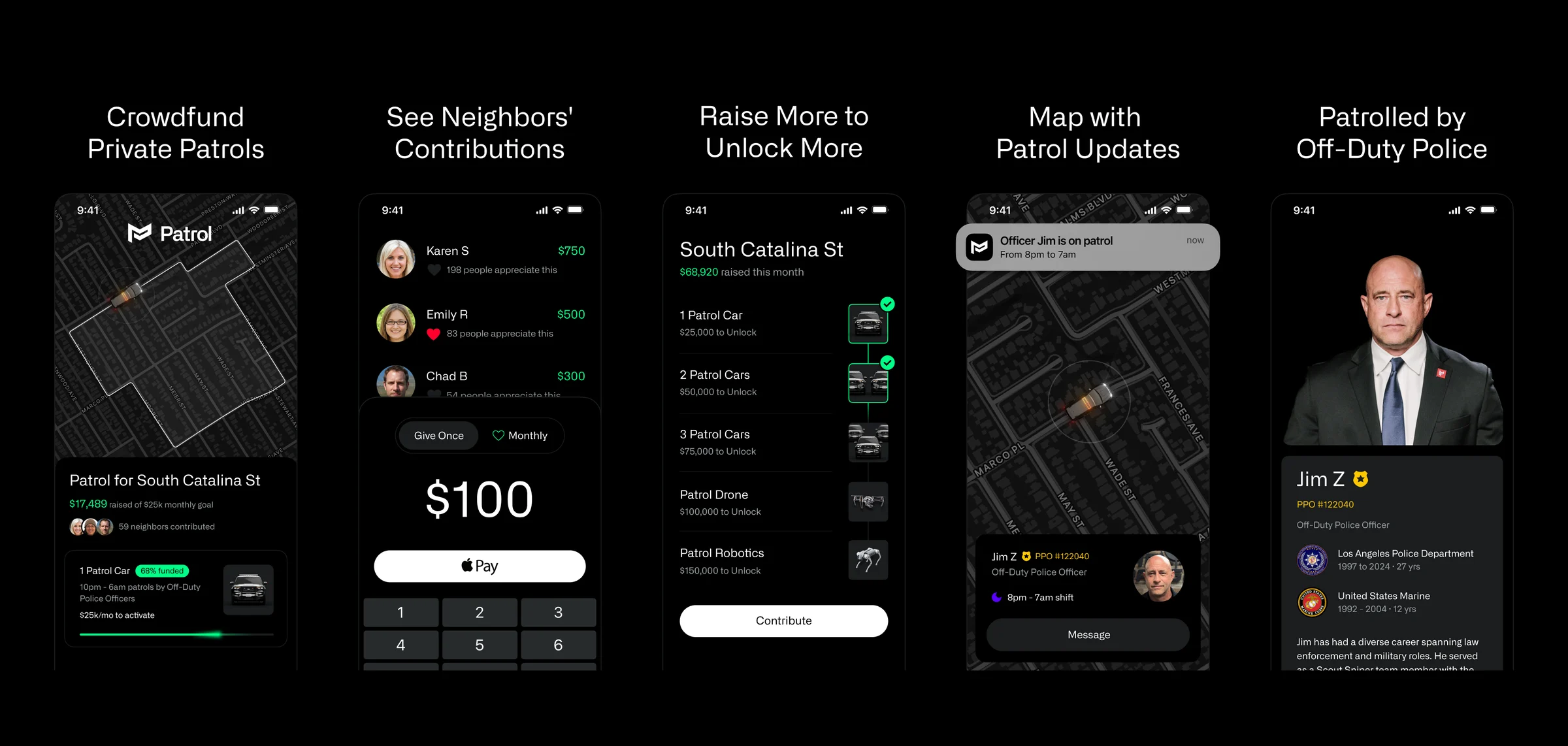 Crowdfunding a street’s patrol: the goal, neighbors’ contributions, unlock tiers, the live map, and the officer