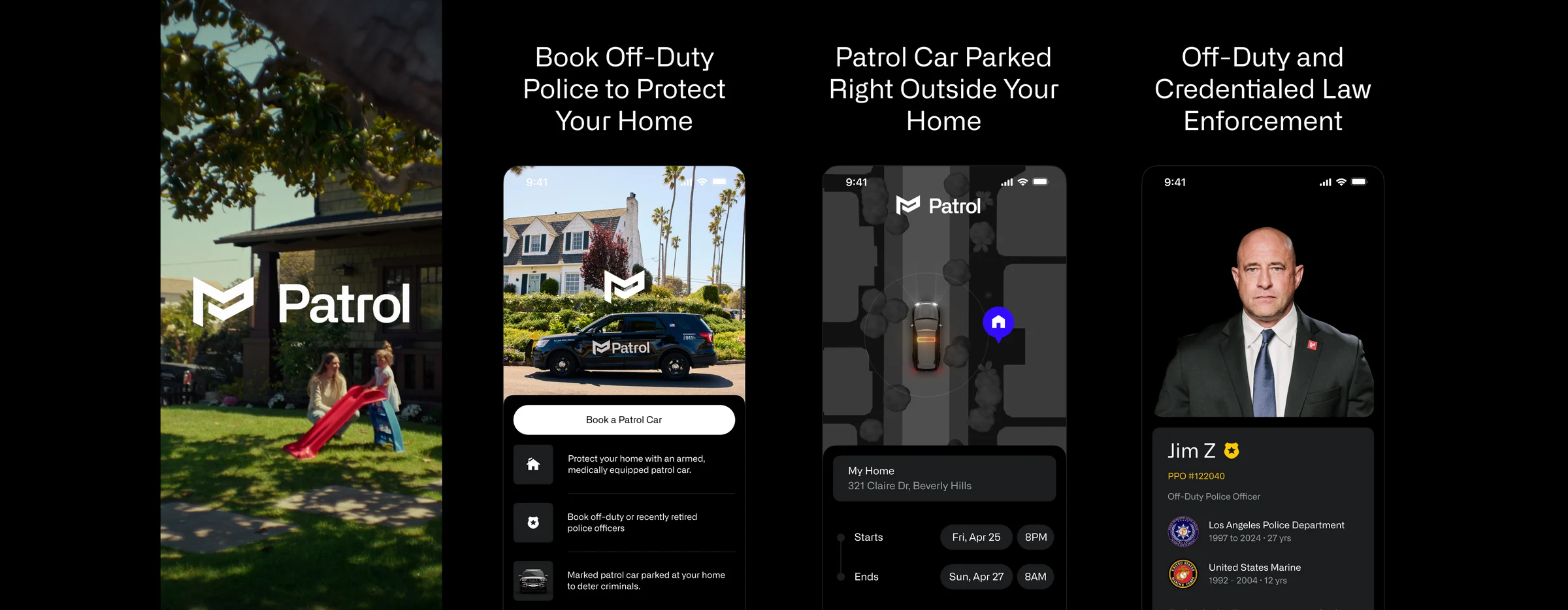 Patrol’s App Store screens: the home screen, the booked car, and an officer’s profile