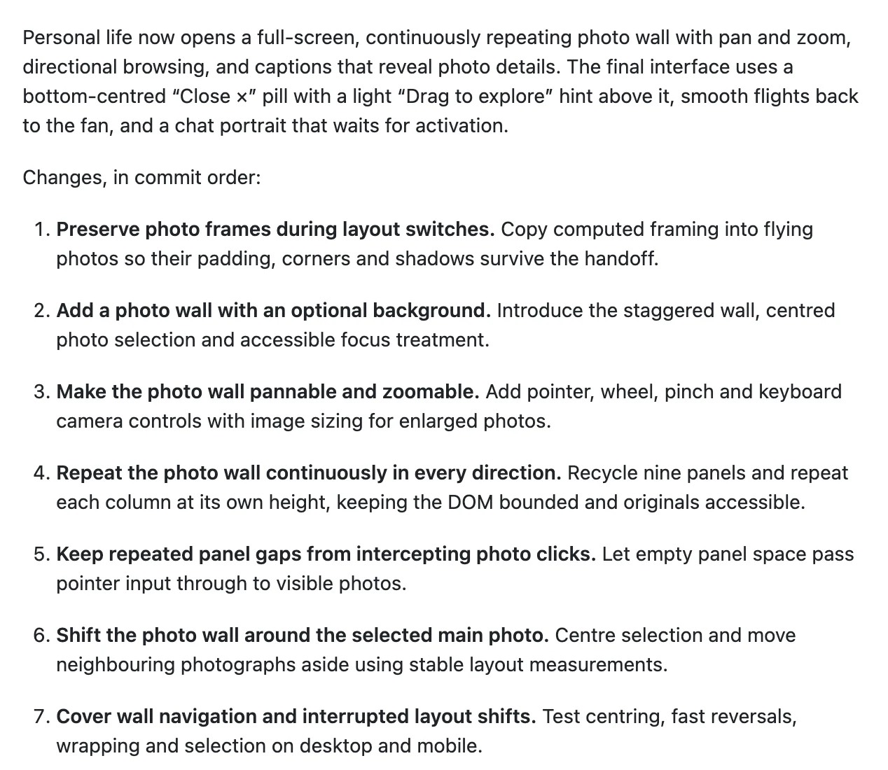 Excerpt of GitHub PR 194 showing the photo-wall overview followed by changes listed in commit order.