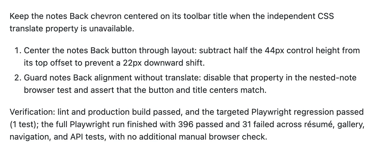 GitHub PR 190 description with two numbered changes and verification that distinguishes the passing targeted test from failures in the full suite.